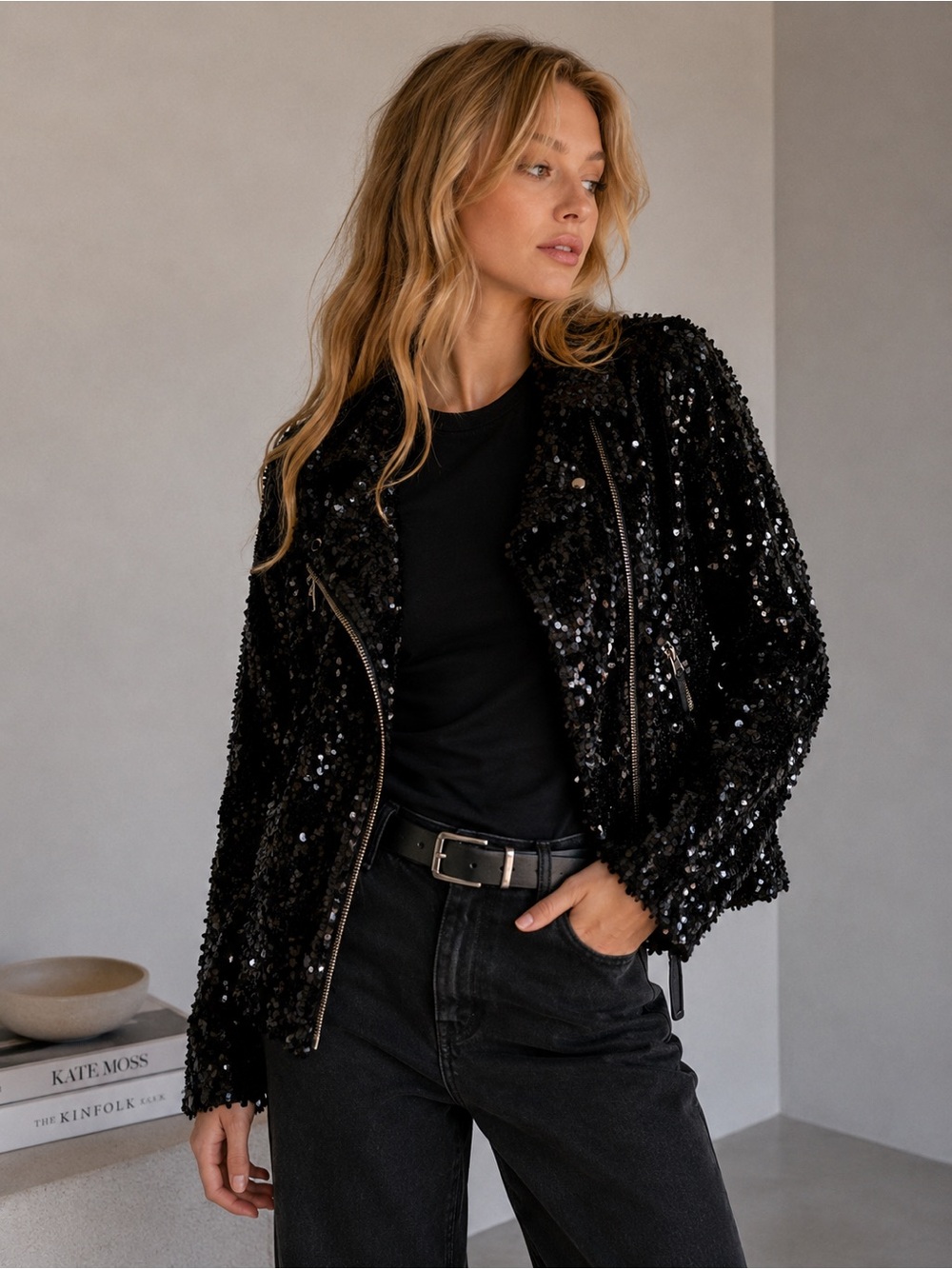 NWT Maeve Anthropologie Sequin Moto Jacket Oversized Black Pink XS fits a S